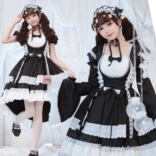 Women Maid Outfit Anime Cute Cat Pink Blue Lace Trim Apron Cat paw Lolita Dresses Cosplay