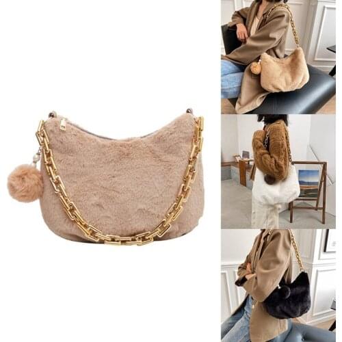 Winter Casual Plush Shoulder Bag Women Coarse Chain Ladies Handbag Fashion Plush Bucket Bag New Pendant Tote