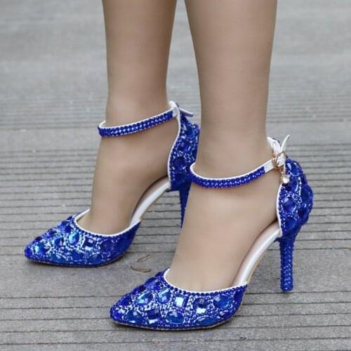 2019 Fashion Women Pumps Shoes Dress blue Hollow Buckle Strap Pointed Toe Thin Heels 9.5CM Delicate Sweet Wedding High Heel Shoe
