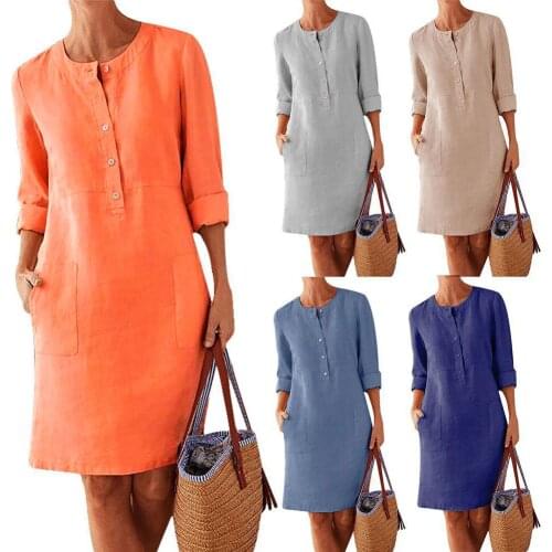 2021 Autumn Plus Size 5XL Womens MIDI Dress Women Solid Color Loose Cotton Linen New O-neck Long Sleeve Casual Dress Vestidos