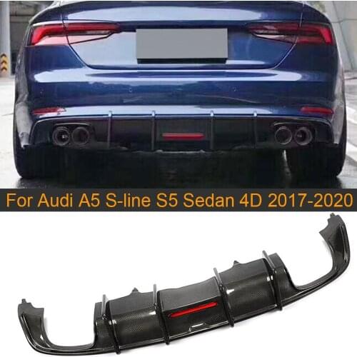 Car Rear Bumper Diffuser Lip Spoiler for Audi A5 S-line S5 Sedan 4 Door 2017 - 2020 Carbon Fiber Rear Diffuser With LED Light
