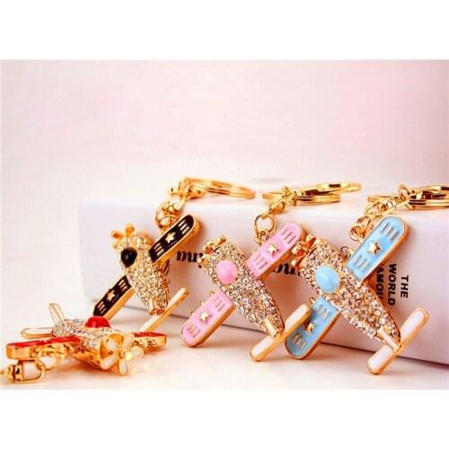 2019 Aircraft Key Chain Rhinestone Pink Blue Delicate Cute Cartoon Propeller Airplane Keychain Crystal Keyring Keychains