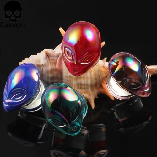 Casvort 2PCS Colorful Alien Glass Ear Body Jewelry Earrings Expanders Piercing Plugs Strechers Ear Gauges Gift For Women Men