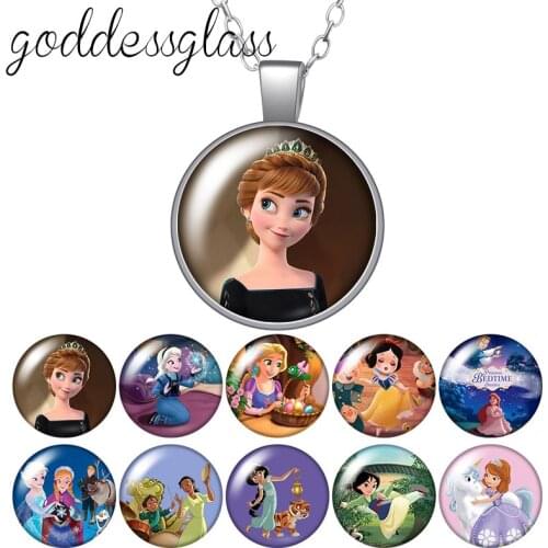 Disney Princesses Snow white Sofia Elsa Round Glass glass cabochon silver plated/Crystal pendant necklace jewelry Gift