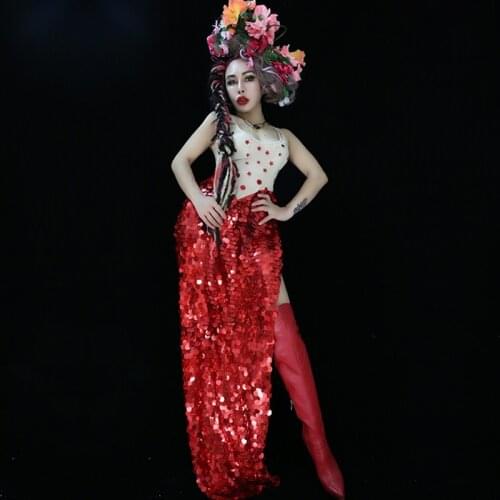 Jazz Costume Sleeveless Long Dress Female Singer Dj Red Sparkly Sequin One Piece Big Split Dress Bar Nightclub Dancer Wear DT723