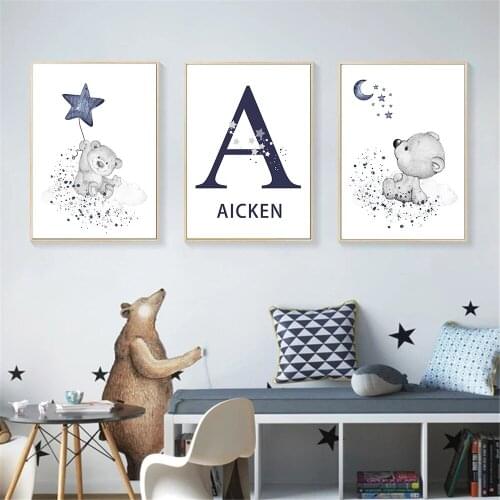 Personalized Custom Name Bear Wall Art Poster Animal Art Print Moon Star Canvas Painting Nordic Picture Baby Kids Boy Room Decor