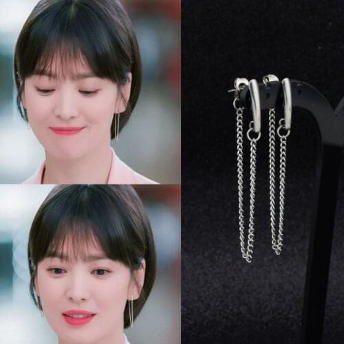 Korea Women Punk Earrings Hanging behind Long Chain Stainless Steel Stud Earring Mens Rock Hip Hop Grunge Punk Ear Stud Unisex