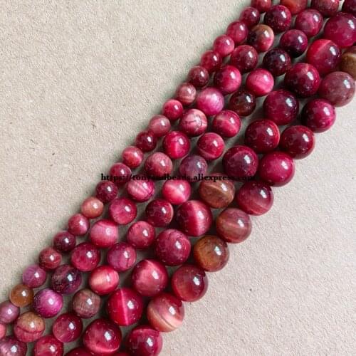 Natural Stone Smooth Fuchsia Color Tiger Eye Round Loose Beads 6 8 10 MM Pick Size for Jewelry Making