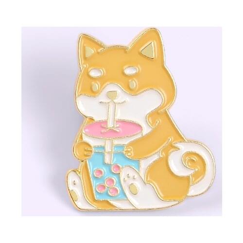 Cute Corgi Dog Enamel Pin Drinking Juice Badge Brooch Denim Jeans shirt bag Animal Jewelry Gift for Friends Kids