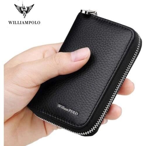 WILLIAMPOLO Men Credit Card Holders Luxury Brand Real Leather Card Wallet Fashion Zipper Design Id Holder Card Bag Cow Leather