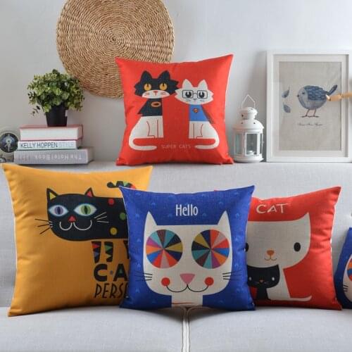American style Rural Cartoon Cat Lovely Pattern 34 Linen Cushion Cover Pillow Case Sofa Chair Waist Pillow cover Home Decorative