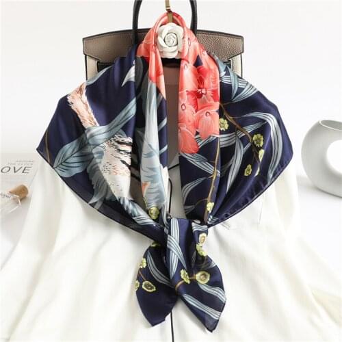 2021 New Floral Print Scarf Women Bandana Square Silk Foulard Scarves Hijab Neck Wraps Bufanda Neckerchief Shawl Headband