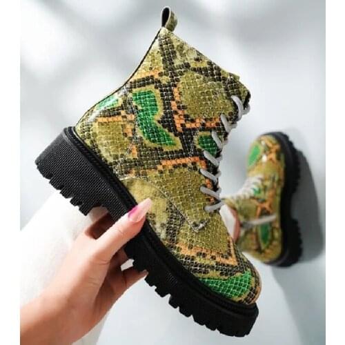 New Items For Autumn! Fashion Trend Color Matching Snake Print Texture Leather Boots Platform Boots Side Zipper Mid-tube Boots