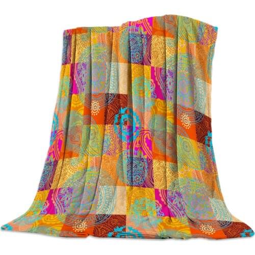 Orange Square Round Paisley Flower Throw Blanket Portable Soft Sofa Blanket Warm Microfiber Flannel Blankets for Beds