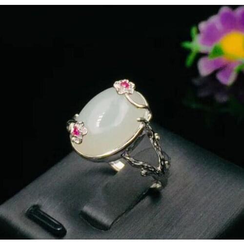 Original Design Natural 925 Silver Hetian White Jade Mosaic Flowers Rings For Women Fine Jewelry