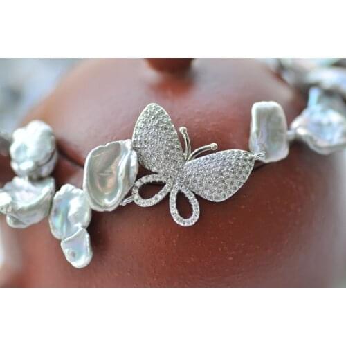 P7183 26" 15mm Gray Lamina Keshi Reborn Pearl Necklace CZ Butterfly
