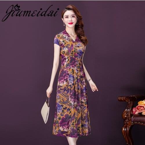 JiuMeiDai Women Summer Elegant Dress Office Lady Party Floral Print Robe Femme Vintage V-Neck Designer Casual Clothing Vestidos