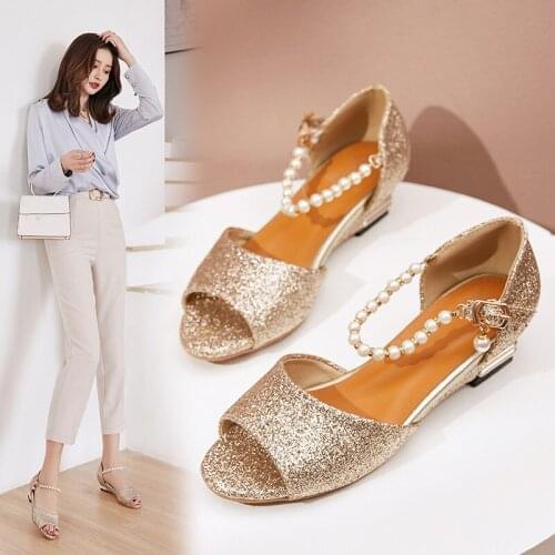 YQBTDL Summer 2020 Womens Wedges Heels Peep Toe Gold Red Bling Low Wedge Sandals String Bead Buckle Ladies Party Shoes 34-43