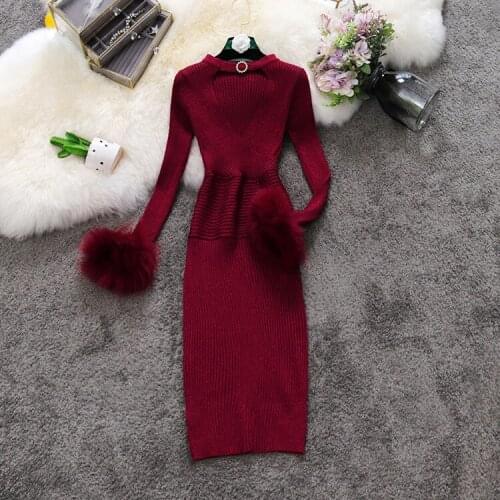 Women Medium Long Elastic Knitted Sweater Dress Autumn Winter Cutout Sexy Fur Decorated Knitted Dress