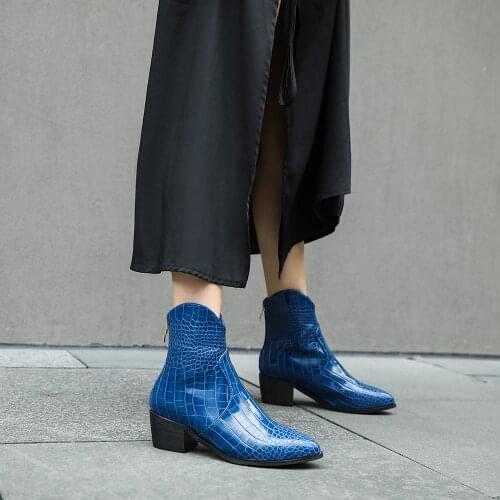 Womens Ankle Boots Casual Low High Heels Autumn Winter Shoes Woman Pointed Toe Zipper Booties Green Golden bottes femme Zapatos