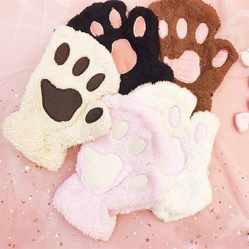 Japanese style Women Cute Cat Claw Paw Plush Mittens Short Gloves Half Finger Christmas Winter Warm Kawaii Knitted Gloves