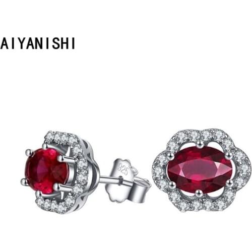 AIYANISHI 925 Sterling Silver Stud Earrings Hallow Oval Red Silver Stud Earrings for Women Wedding Engagement Party Lover Gifts