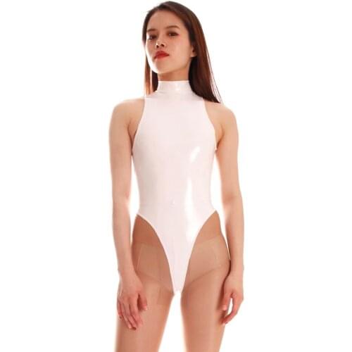 Womens Patent Leather Halter Neck High-Fork Bodysuits Zipper One-Piece PU Leotard PVC Japan Swimsuit Skinny Shaperwear Tops