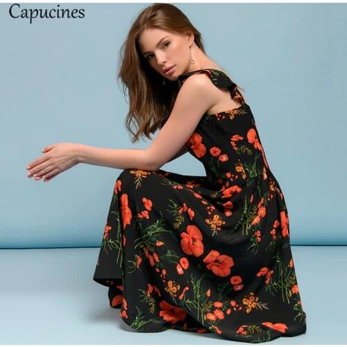 Capucines New 2021 Summer Flowers Printed Strap Dress Ruffled Sleeveless Fit And Flare Beach Holiday Midi Dresses For Women Robe