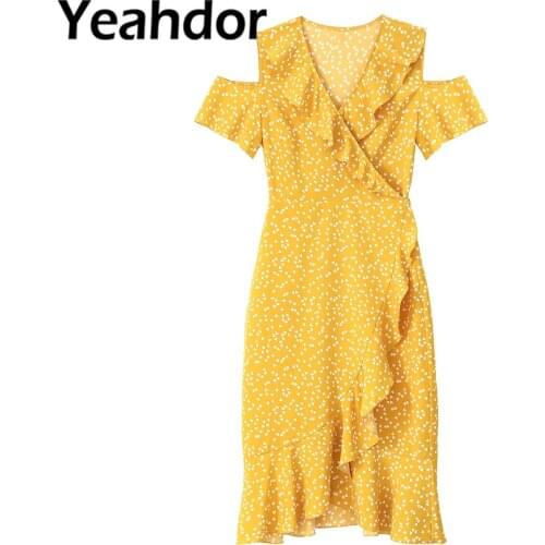 Women Summer Casual Dresses Print Dress V Neck Short Sleeves Sash Self Tie Front Closure Irregular Cut Ruffle Hem Long Dress