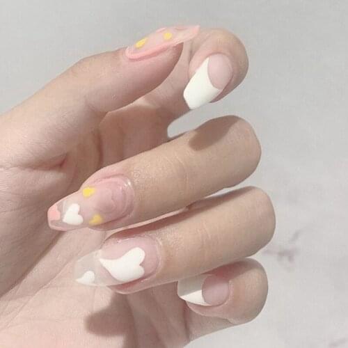 24Pcs Fake Nails Peach pink Princess French Style Heart Decor Waterproof Wearable Detachable Finished Fake Nails With Glue NN