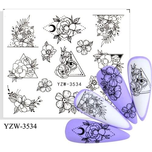 YZWLE 4PCS Black Butterfly Flower Leaf Water Nail Stickers Decals Mixed Floral Watermarks Manicure Sliders Nail Art Decoration