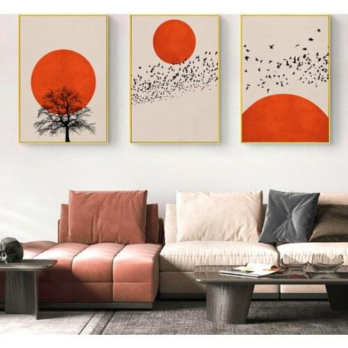 Abstract Orange Red Sunset with Tree Birds Vintage Poster Canvas Painting Wall Art Print Picture Living Room Interior Home Decor