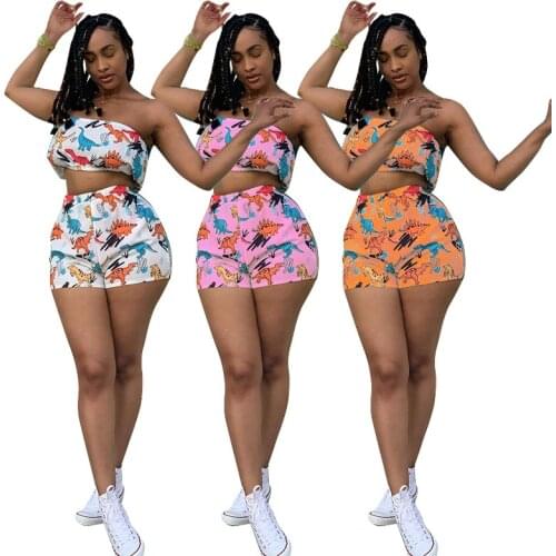 Adogirl Women Dinosaur Print Casual Two Piece Set Bandage Crop Top And Shorts Suit Party Club Outfit Matching Set Plus Size