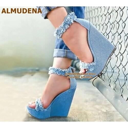 ALMUDENA Blue Denim Edging Wedges Sandals Sky Hign Platform Dress Shoes Buckle Strap Wedge Heel Banquet Pumps Size47 Dropship