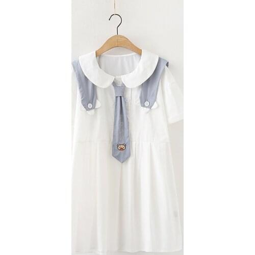 Peter Pan Kawaii White Dress Teens Soft Girl Clothes Summer Lolita Cute Casual Doll Collar Bear Tie Short Sleeve Shirt Dresses