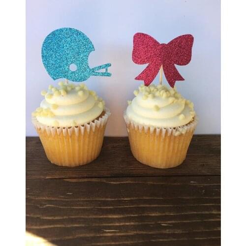 Glitter Helmets or Hairbows Gender Reveal cupcake toppers birthday baby shower doughnut food treats picks partytoothpicks