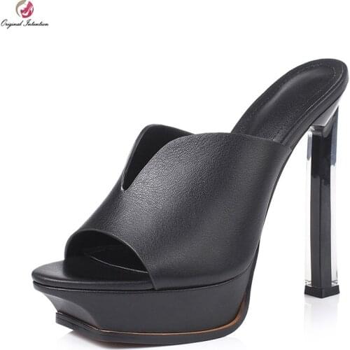 Original Intention Elegant Women Sandals Slip On Peep To High Heels Sandals Genuine Leather Black Nude Wihte Party Shoes Woman