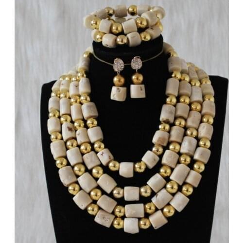 Dudo Store 13-14mm White Original Coral Beads Jewerly Set 4 Layers Big African Jewellery Set With Gold Divider Quality Party Set