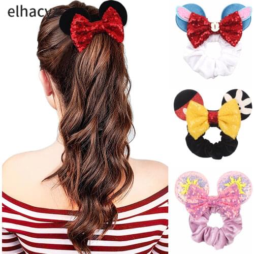 2021 New Arrival Pretty Mouse Ears Sequins Hair Bow Women Velvet Scrunchies Fashion Waist Hair Bands Headband For Girl Headwear