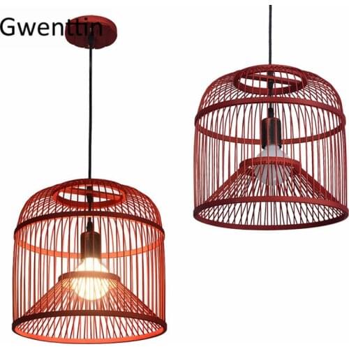 Chinese Style Red Bamboo Pendant Lights Southeast Asia Wood Bird Cage Hanging Lamp Kitchen Dining Room Light Fixtures Home Decor
