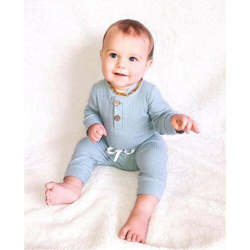 2 Pieces Baby Set Solid Color Ribbed Round Neck Long Sleeve Bodysuit and Trousers Suit for Girls Boys