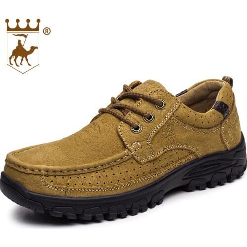 Sneakers Hiking Shoes Walking Shoes Men Genuine Leather Rubber Anti-skid Wear-resistant Soles Lace CALTUS Camel Breathable 8606