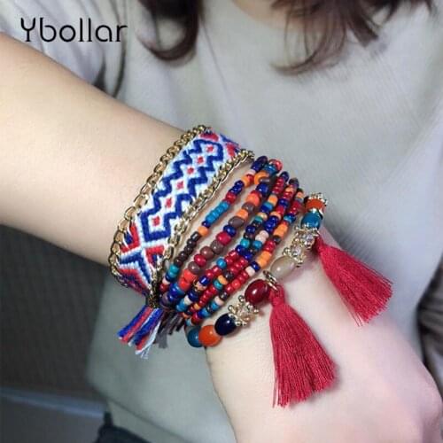Multilayer Round beaded Bracelets Leaf Tassel Pendant Handmade Boho Statement Bangles Bracelets Women Jewelry
