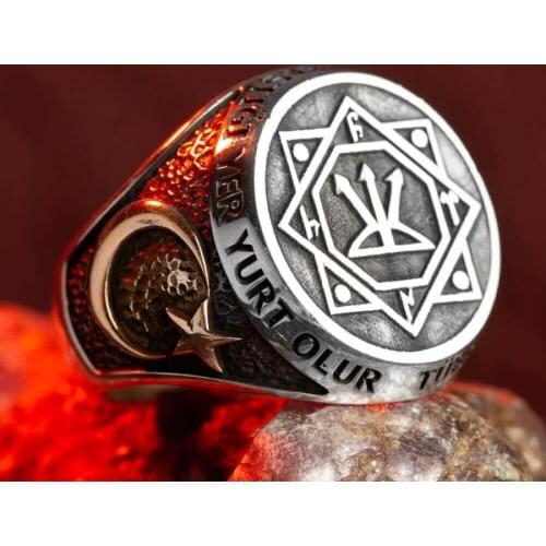 Seal of Oguz Kagan Silver Mens Ring Mens Handmade Jewelry Crescent Star Motif Ring Turkish silver Ring 925K Silver Gifts For Men