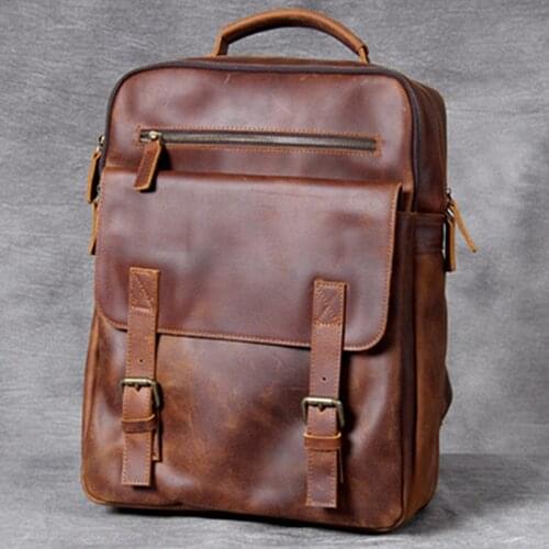 New Retro Crazy Horse Leather Backpack Men Shoulder Bag Laptop Backpack Male Schoolbag Travel Bag Handmade First Layer Cowhide