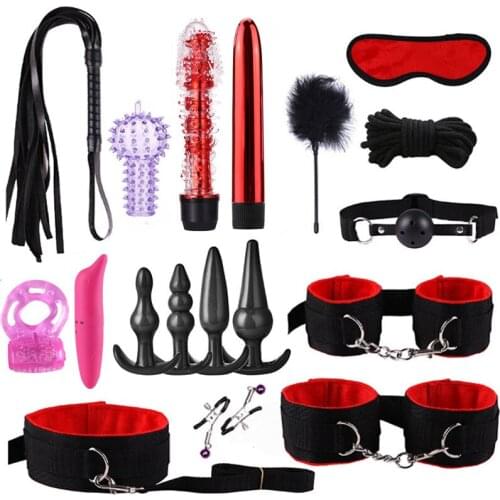 18pcs/set Handcuffs Eye Mask G spot Bullet Vibrator Anal Beads Plug Vibrating Penis Ring Sex Toys for Couples Bondage Restraint