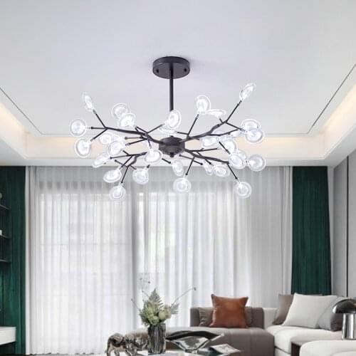 Nordic Firefly LED Chandelier Stylish Tree Branch Iron Black Luster Ceiling Lamp Home Decoration for Living Room Bedroom Kitchen