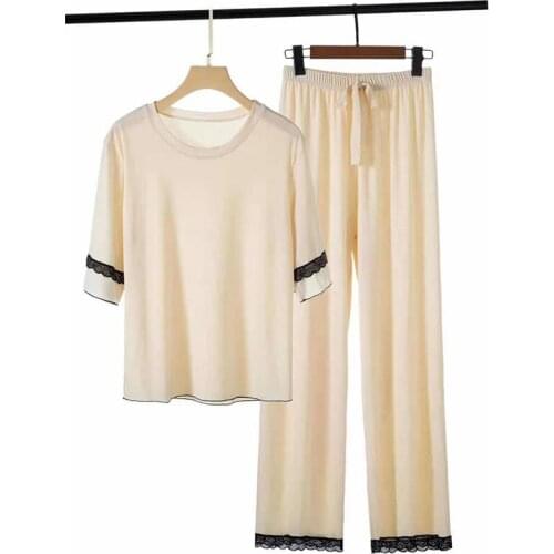 New Ice Silk Pajamas Suit Womens Casual Home Wear In The Sleeve Trousers Lace Sleepwear Comfortable Two-piece Home Service