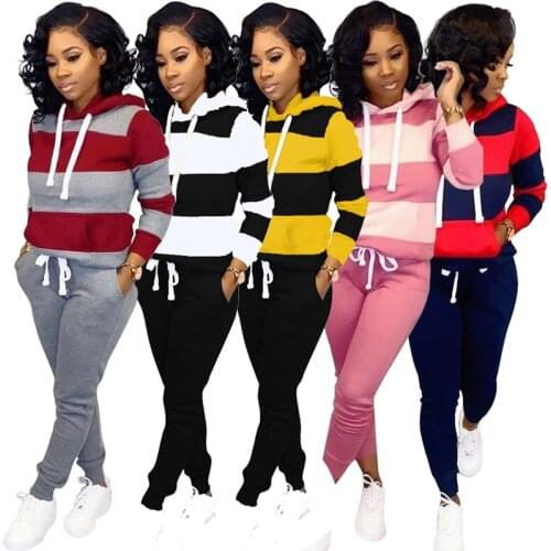 Autumn winter thick two piece set womens tracksuits full Sleeve stripe hoodied sweatshirt + pants suit casual warm set outfits