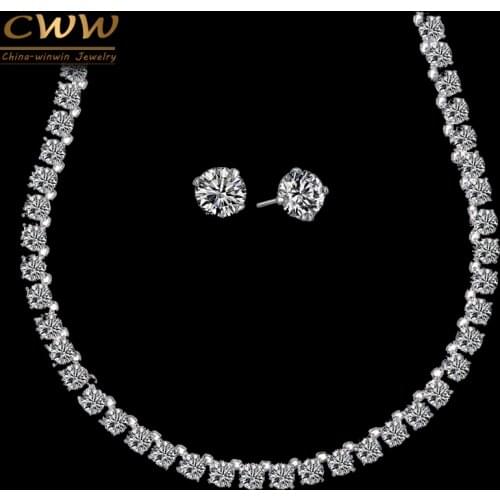 CWWZircons Stunning Big Carat Round CZ Crystal Necklace and Earrings Luxury Bridal Party Jewelry Set for Wedding Evening T061